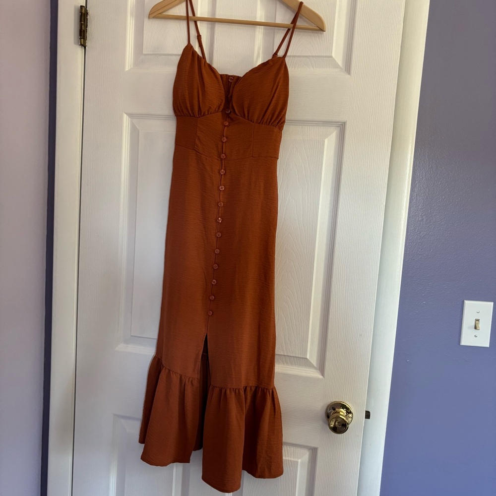 Boho Sleeveless Burnt Orange Ruffled Midi Dress, NWT